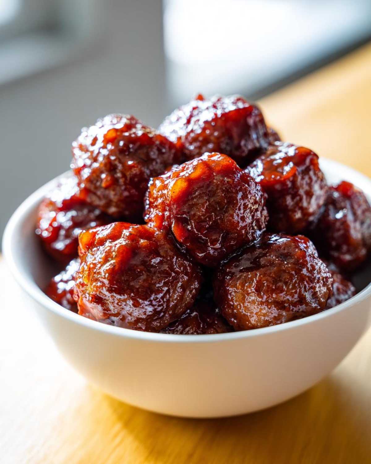 Close-up of shiny, saucy grape jelly meatballs piled high in a small white serving bowl.
