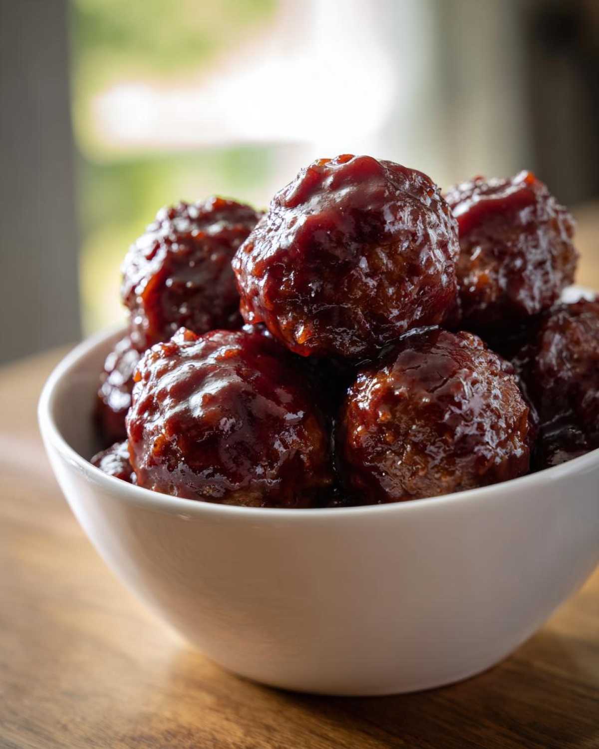 Close-up of glossy, saucy grape jelly meatballs piled high in a small white serving bowl.