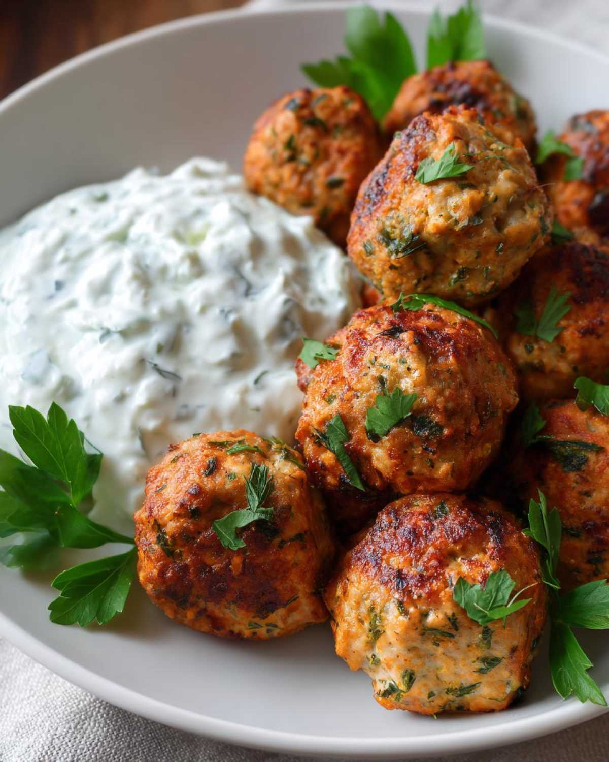A close-up of golden brown greek chicken meatballs served with a side of creamy tzatziki sauce.