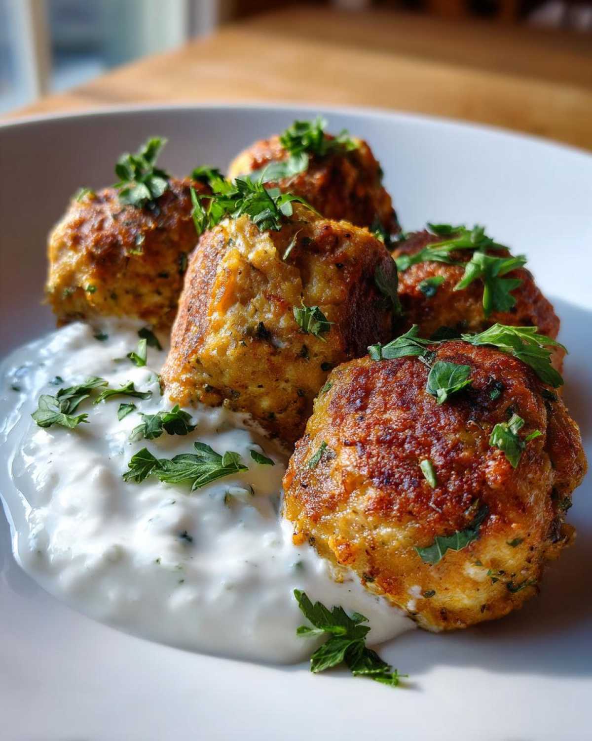 Close-up of golden brown greek chicken meatballs served over a dollop of creamy tzatziki sauce and garnished with fresh parsley.