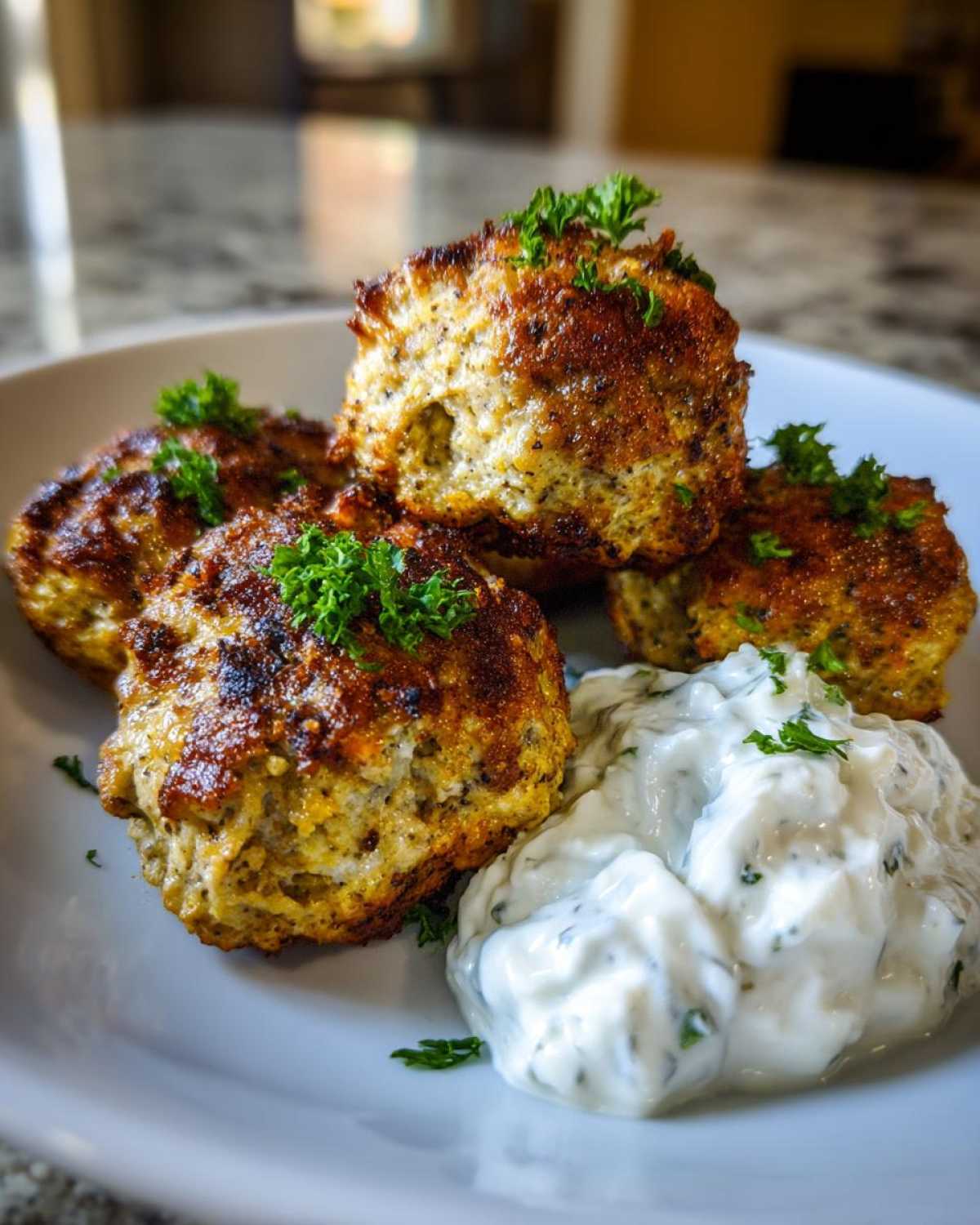 Close-up of golden brown greek chicken meatballs served with a dollop of creamy tzatziki sauce and parsley garnish.