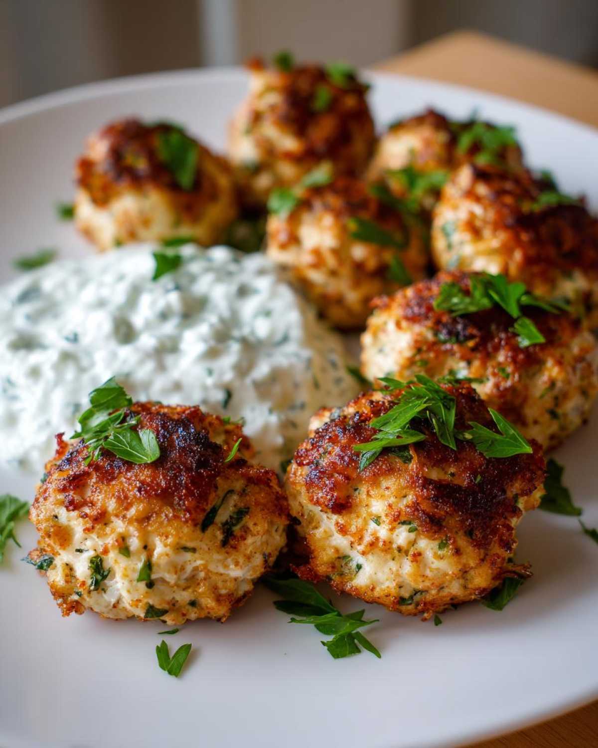 Close-up of perfectly browned greek chicken meatballs served with a side of creamy tzatziki sauce.