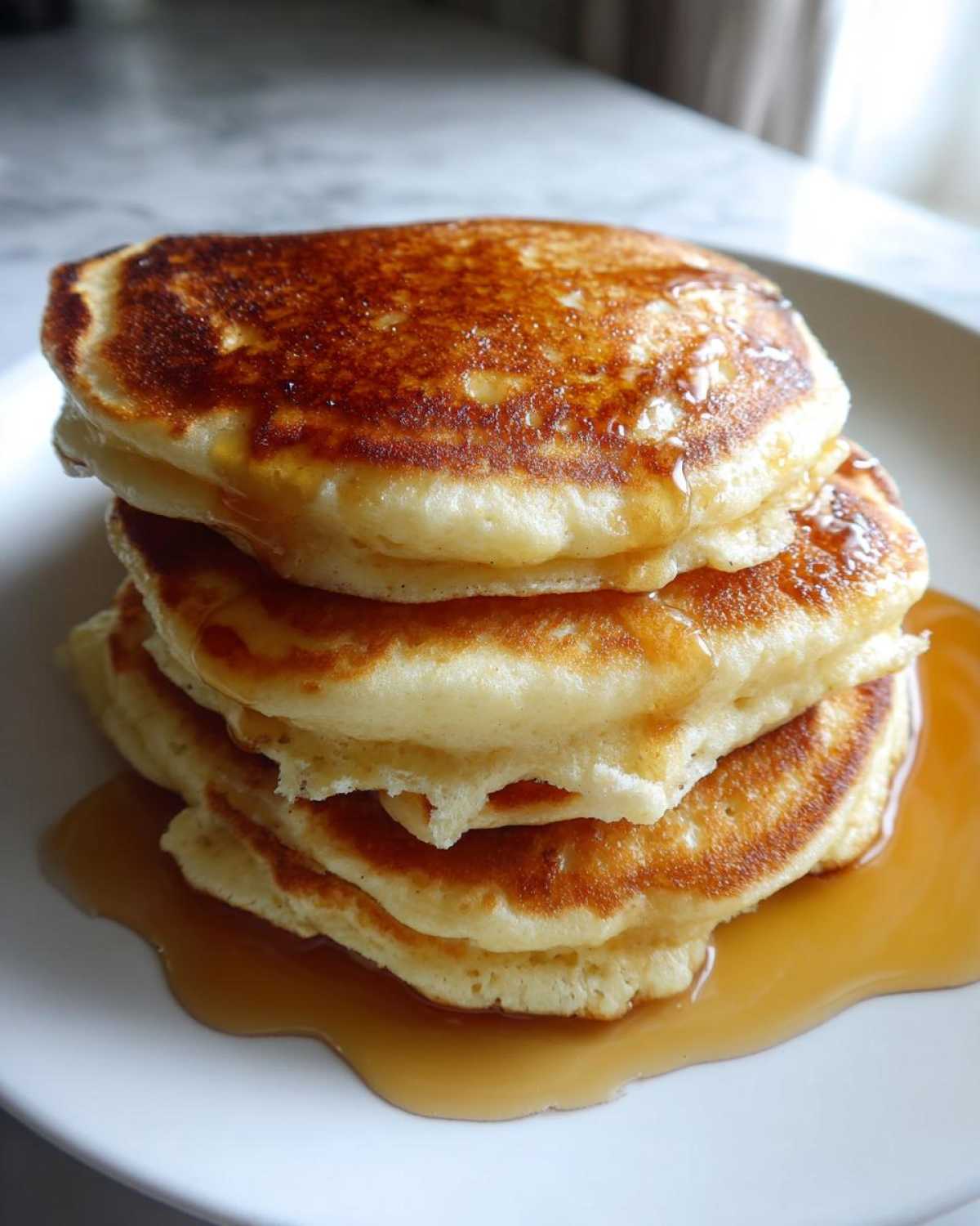 A tall stack of four fluffy greek yogurt pancakes drizzled generously with golden syrup on a white plate.