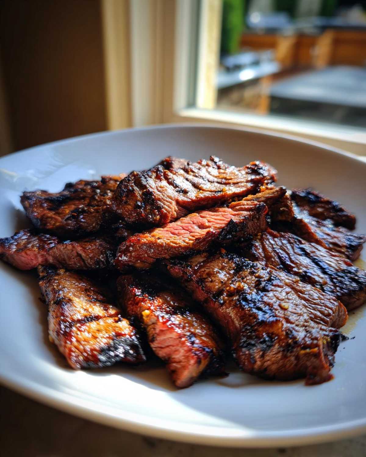 Close-up of perfectly grilled and sliced steak coated in a rich Carne asada marinade, resting on a white plate.