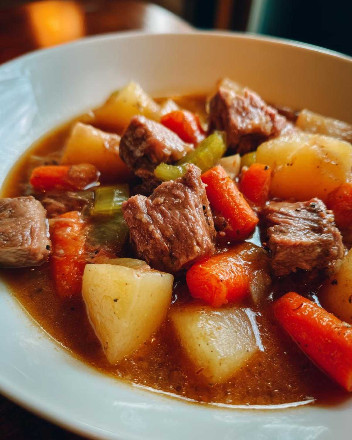 Close-up of a hearty pork stew with tender meat chunks, carrots, and potatoes in rich broth.