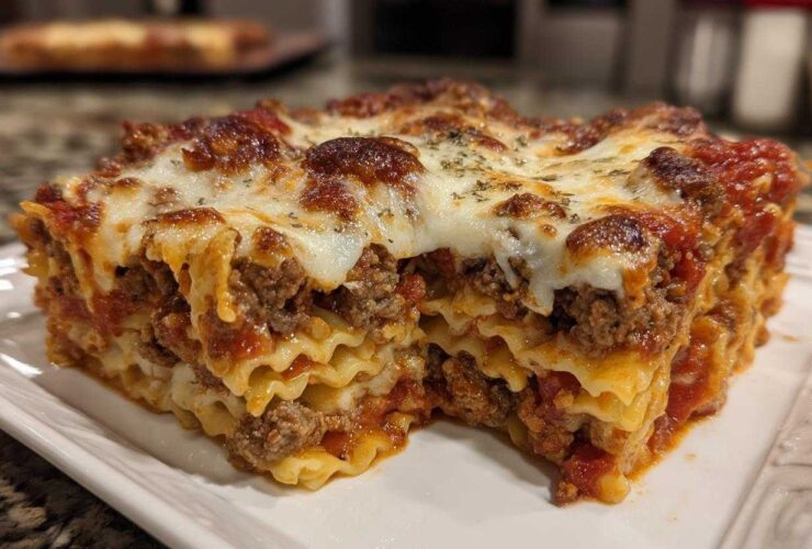 Close-up of a hearty slice of pizza casserole showing layers of pasta, meat sauce, and melted cheese.