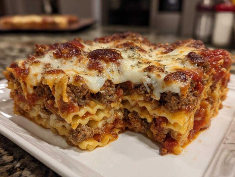 Close-up of a hearty slice of pizza casserole showing layers of pasta, meat sauce, and melted cheese.