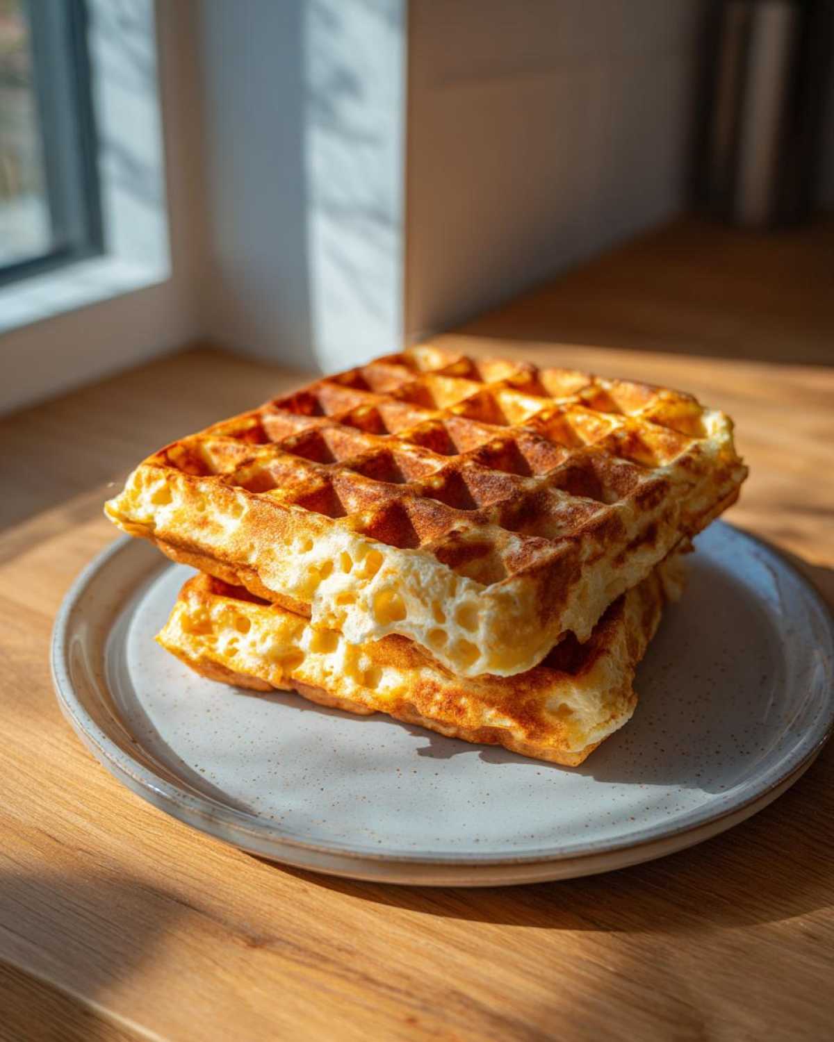 Two golden brown, fluffy high protein waffles stacked on a speckled grey plate, bathed in sunlight.