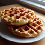 A stack of two golden brown high protein waffles drizzled with syrup, resting on a white plate.