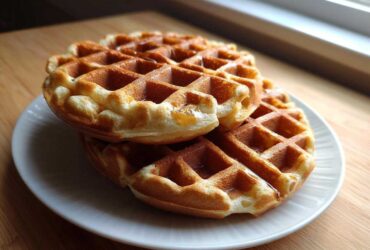 A stack of two golden brown high protein waffles drizzled with syrup, resting on a white plate.