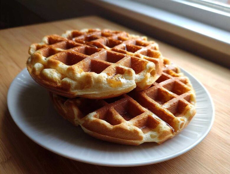 A stack of two golden brown high protein waffles drizzled with syrup, resting on a white plate.