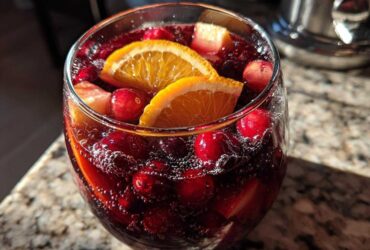 Close-up of a glass filled with bubbly, deep red holiday sangria, garnished with fresh cranberries and orange slices.