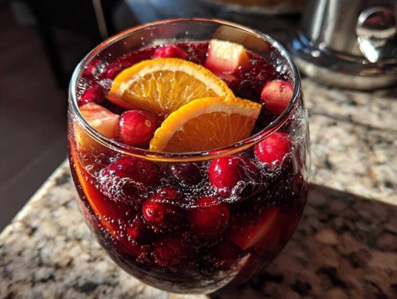 Close-up of a glass filled with bubbly, deep red holiday sangria, garnished with fresh cranberries and orange slices.