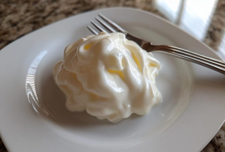 A thick, creamy swirl of homemade alfredo sauce served on a small white square plate next to a fork.