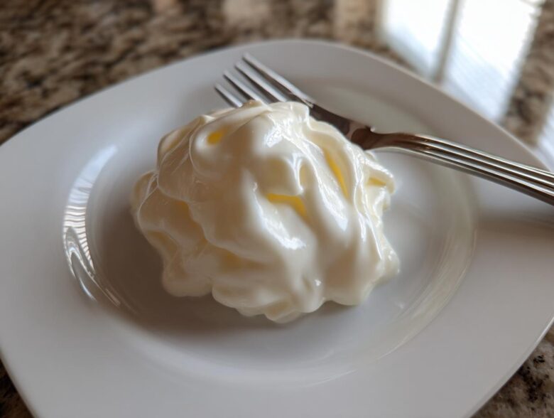 A thick, creamy swirl of homemade alfredo sauce served on a small white square plate next to a fork.