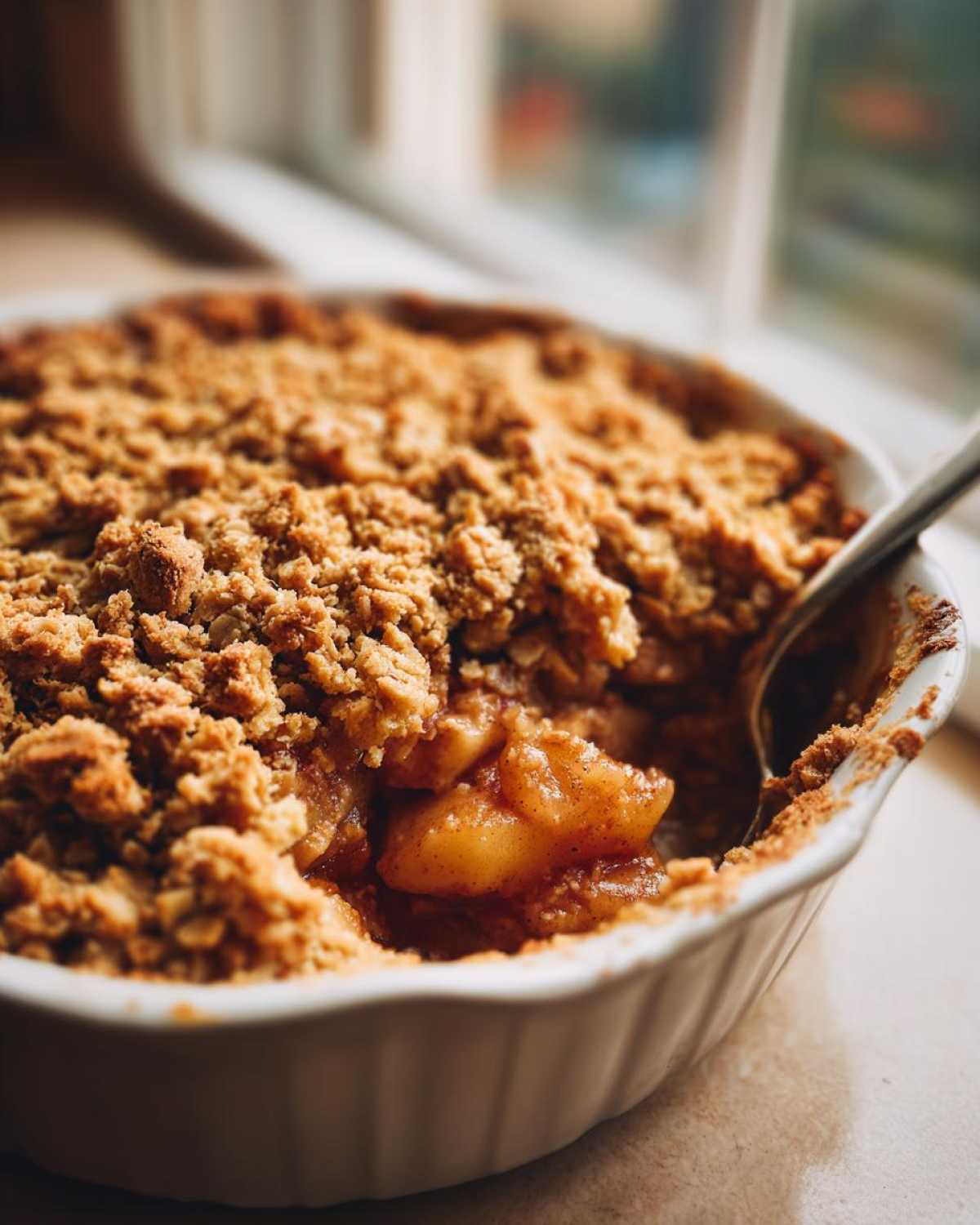 A close-up shot of a warm, homemade apple crumble with a crunchy topping being scooped out with a spoon.