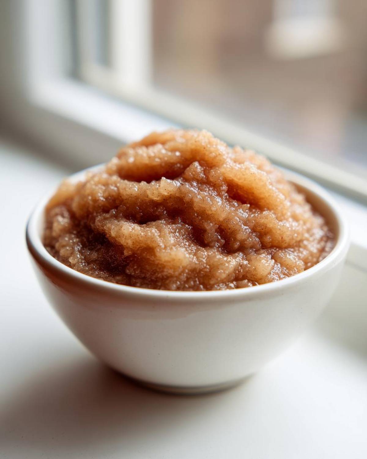 A close-up of chunky, spiced homemade applesauce served in a small white bowl near a window.