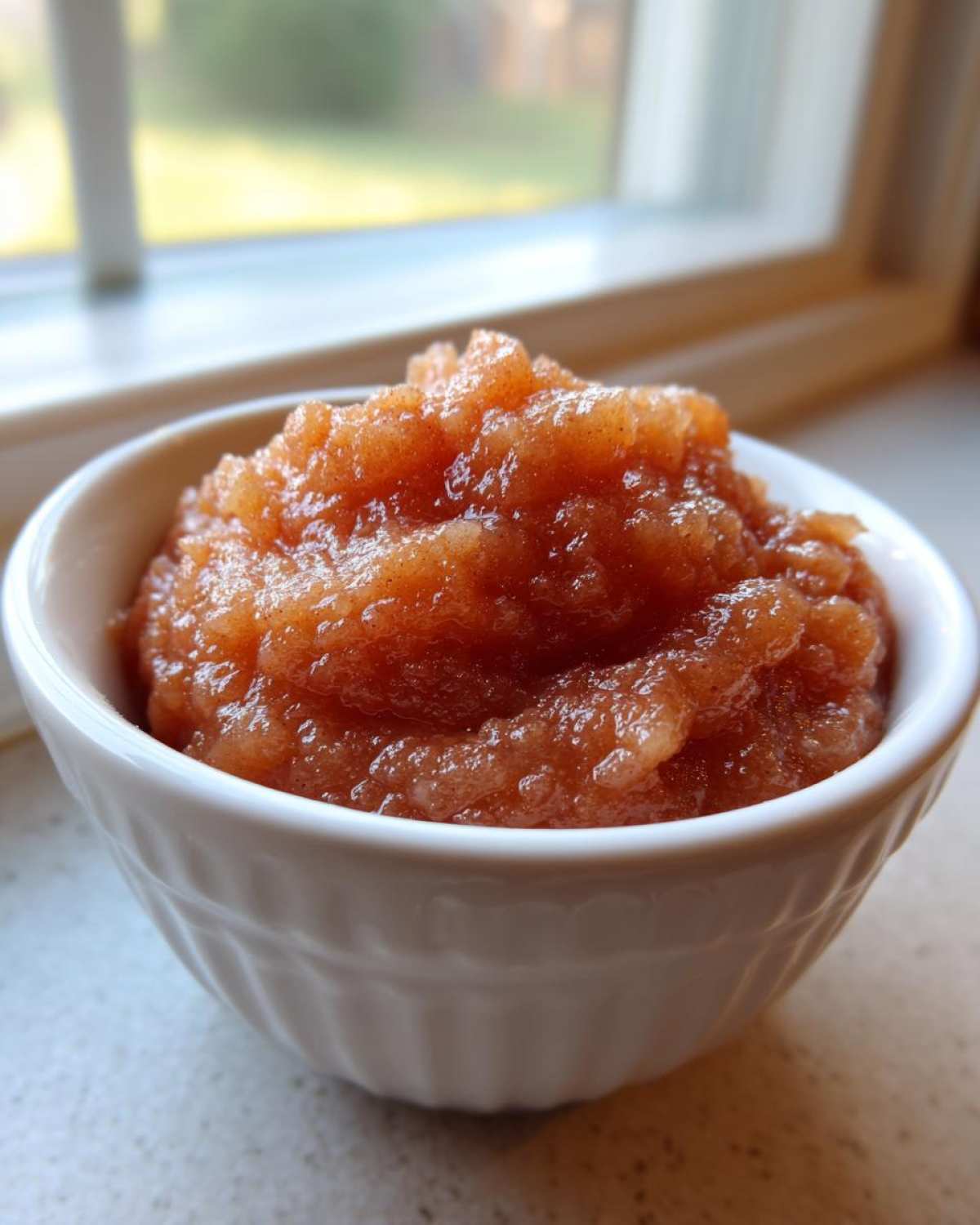Close-up of chunky, spiced applesauce piled high in a small white bowl near a window.