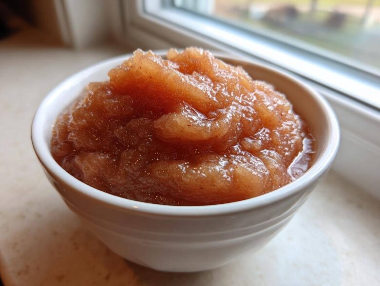 Close-up of chunky, spiced applesauce served in a small white bowl near a window.