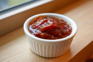 Close-up of thick, rich homemade bbq sauce served in a small white fluted ramekin.