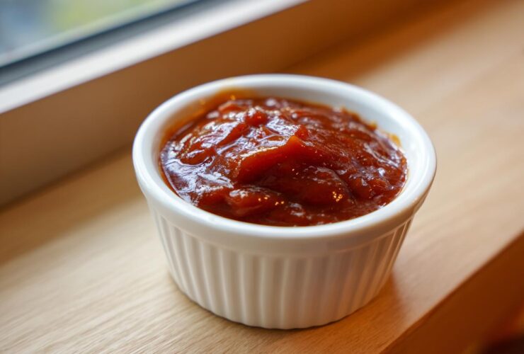 Close-up of thick, rich homemade bbq sauce served in a small white fluted ramekin.