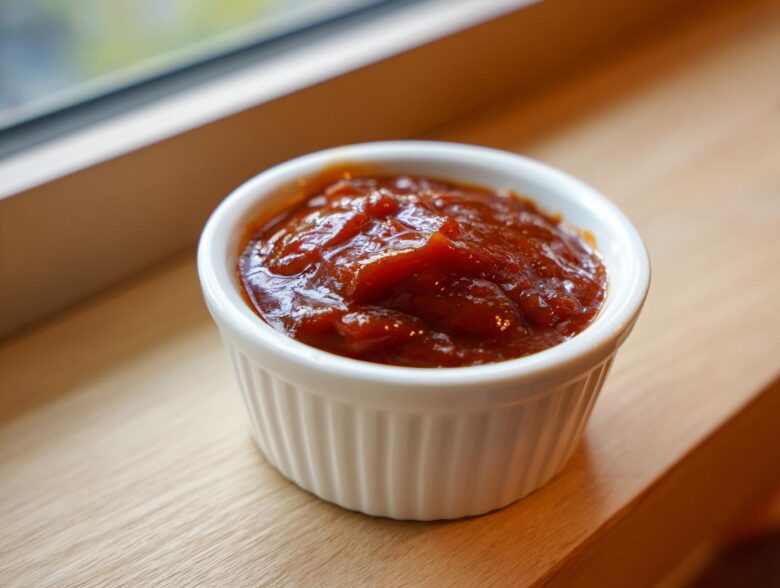 Close-up of thick, rich homemade bbq sauce served in a small white fluted ramekin.