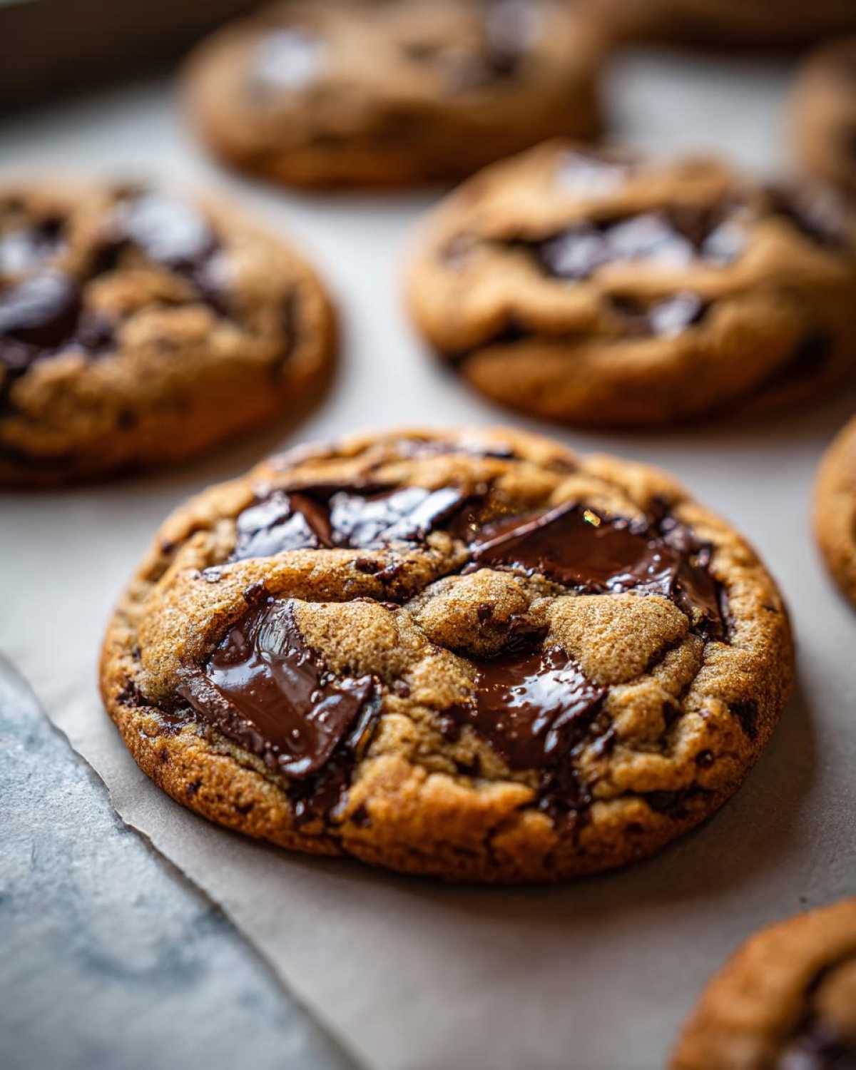 Close-up of a freshly baked homemade chocolate chip cookie with melted chocolate chunks on parchment paper.