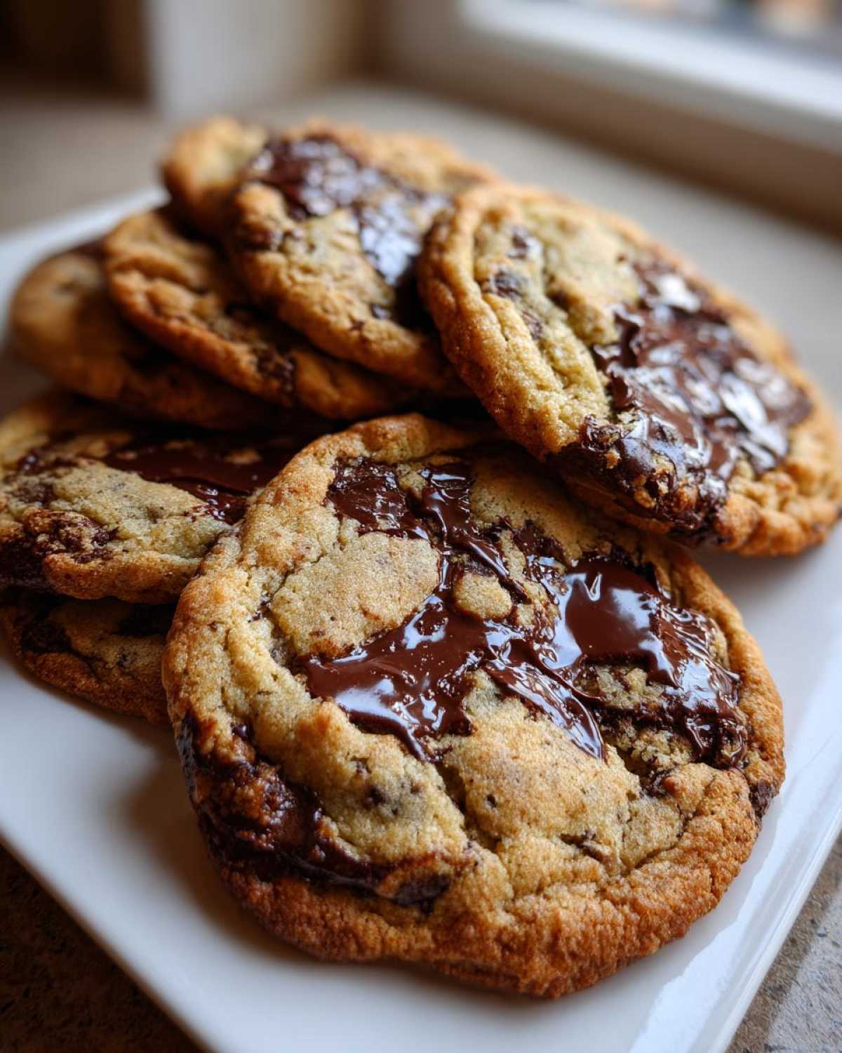 A stack of freshly baked homemade chocolate chip cookies featuring gooey, melted chocolate pools.