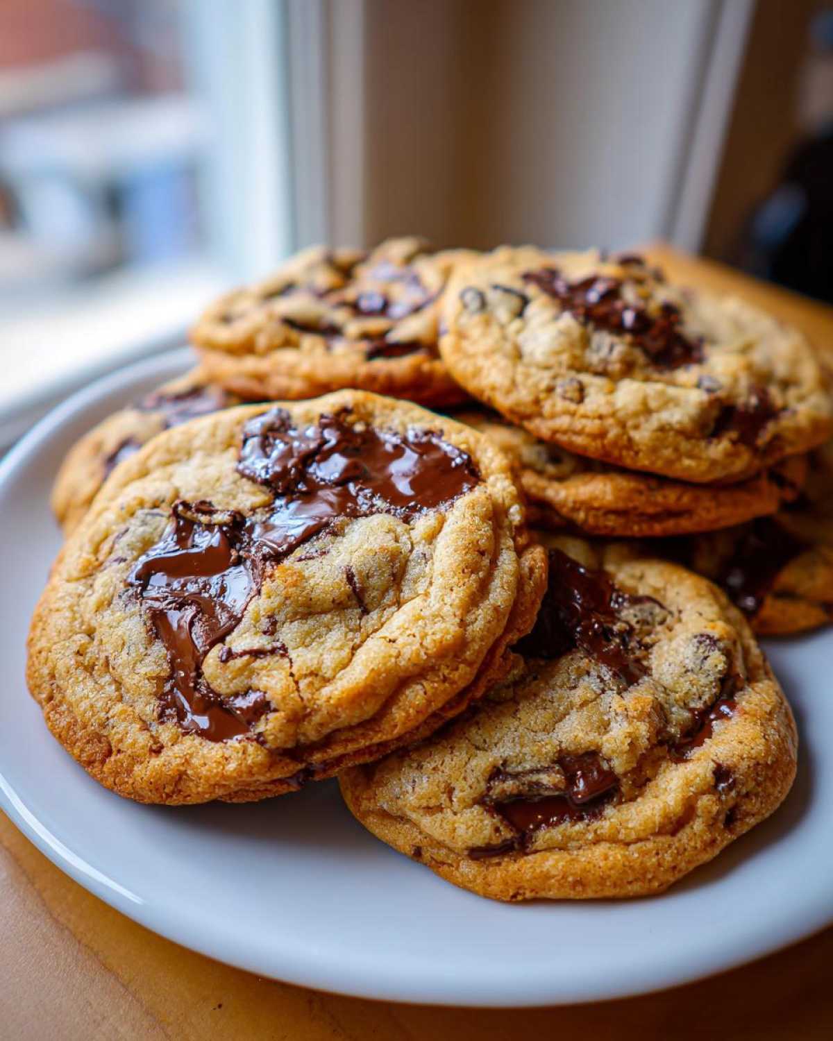 A stack of freshly baked homemade chocolate chip cookies with melted chocolate puddles on a white plate.