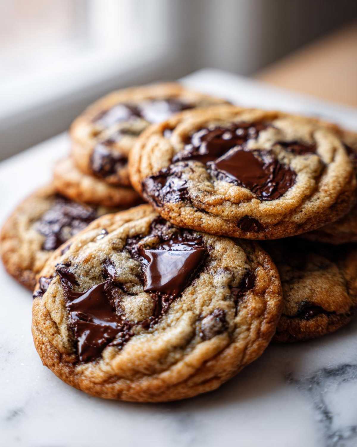 Close-up of several gooey homemade chocolate chip cookies stacked on a white marble surface.