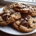 A stack of freshly baked homemade chocolate chip cookies featuring large, melted chocolate chunks on a white plate.