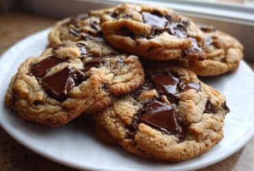 A stack of freshly baked homemade chocolate chip cookies featuring large, melted chocolate chunks on a white plate.