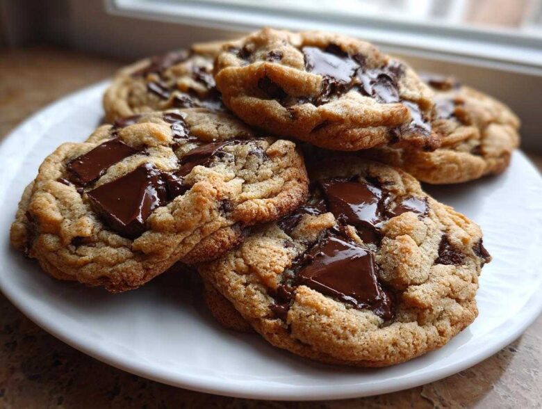 A stack of freshly baked homemade chocolate chip cookies featuring large, melted chocolate chunks on a white plate.