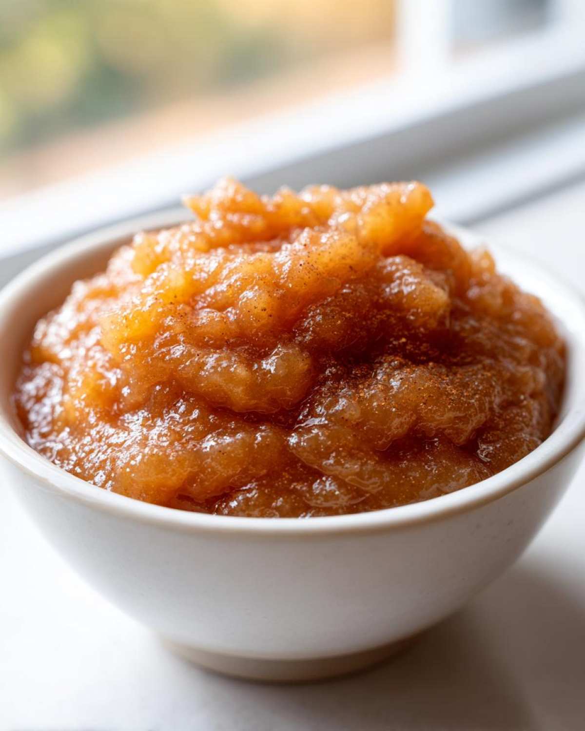 Close-up of rich, chunky homemade applesauce spiced with cinnamon served in a small white bowl.