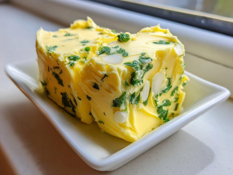 A block of homemade garlic butter mixed with chopped parsley and sliced almonds sitting on a small white dish.