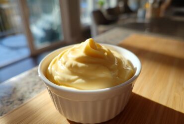 A close-up of rich, creamy homemade mayonnaise, perfectly whipped and sitting in a small white ramekin.