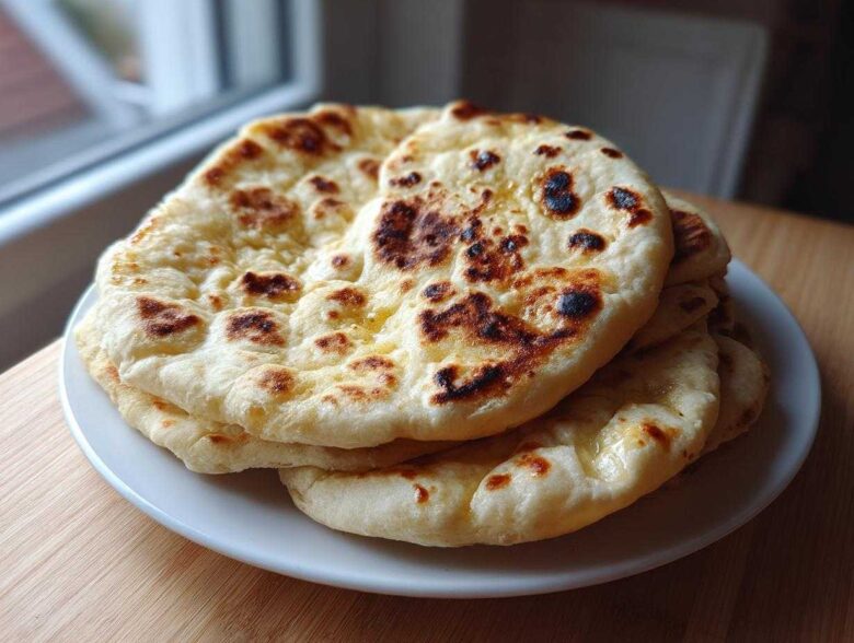 A stack of fluffy, slightly charred homemade naan bread glistening with butter on a white plate.