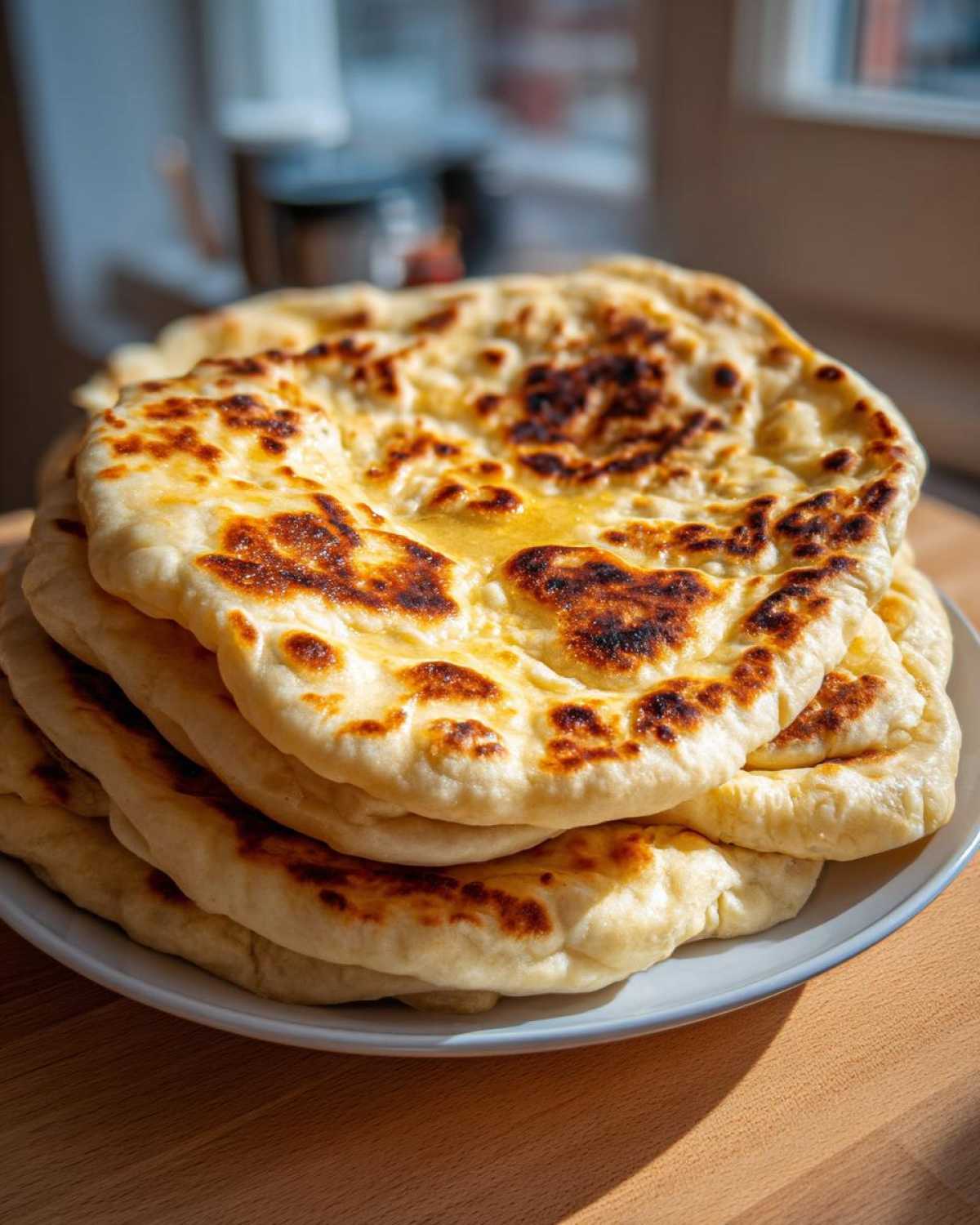 A stack of freshly made, fluffy homemade naan bread, brushed with melted butter and showing charred spots.