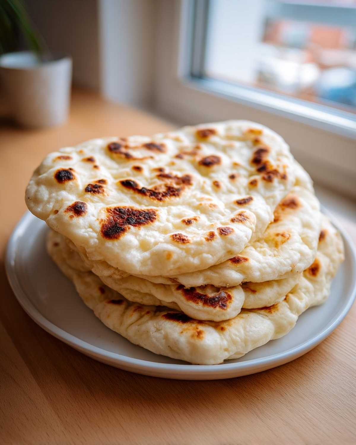 A stack of four freshly made homemade naan bread rounds with charred spots, resting on a white plate.
