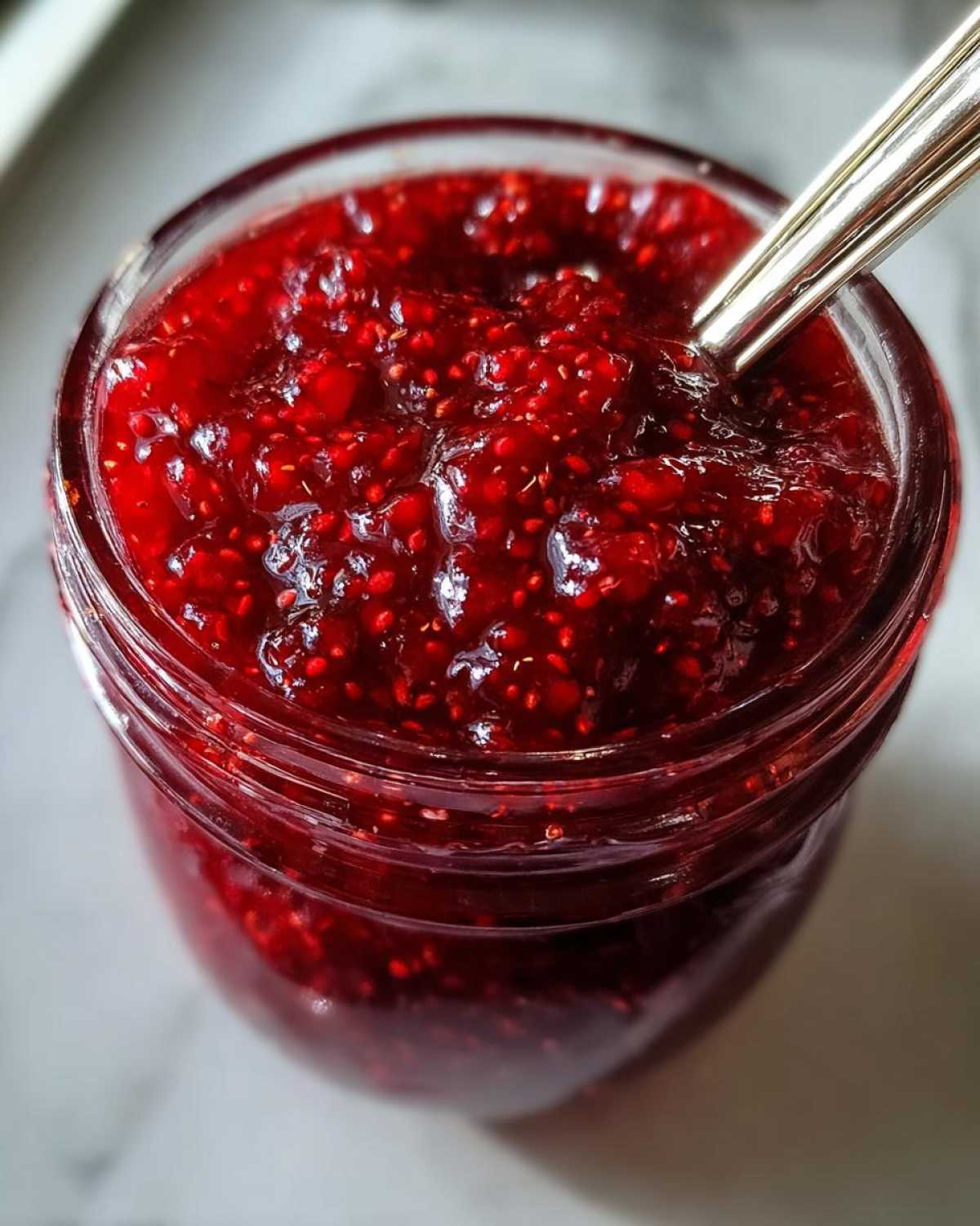 A close-up overhead view of thick, vibrant red homemade raspberry jam with visible seeds, inside a glass jar with a spoon resting in it.