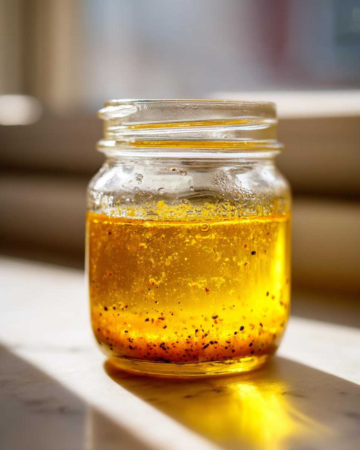 Close-up of homemade salad dressing, a bright yellow oil mixture with spices, settled in a small glass jar.