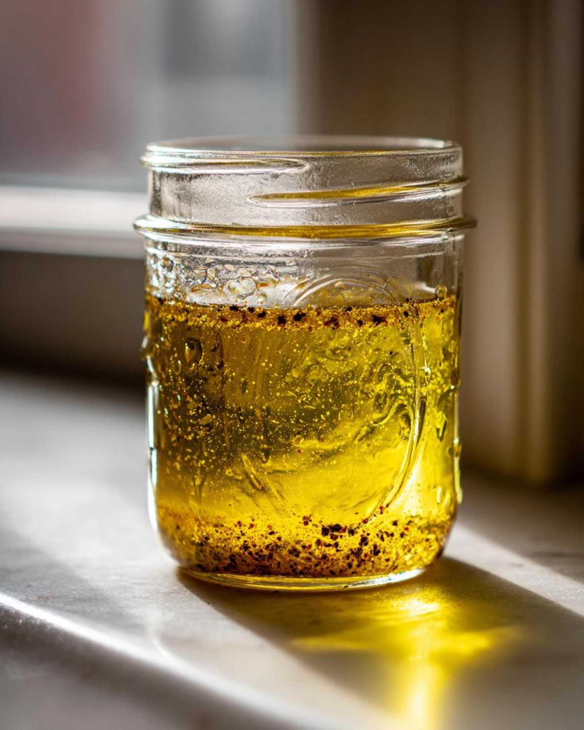 Close-up of a homemade salad dressing, showing separated oil and spices in a small glass jar.
