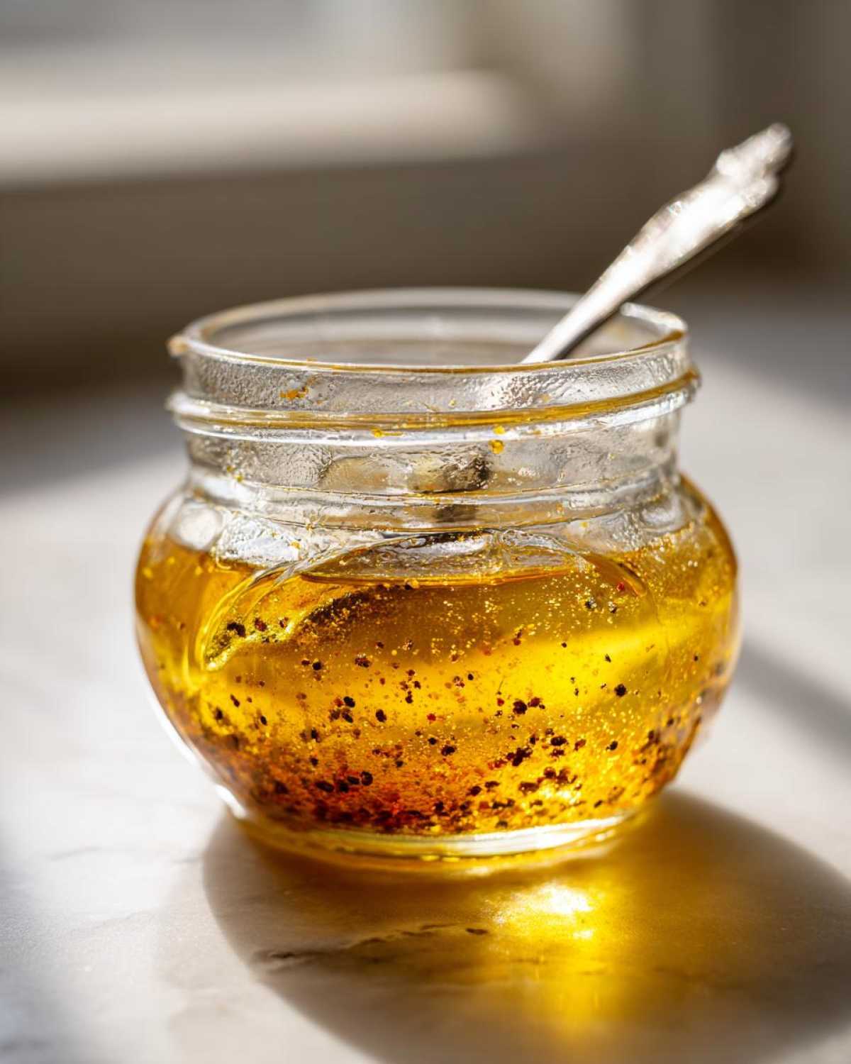 Close-up of homemade salad dressing, golden oil with dark spices, in a small jar with a spoon.