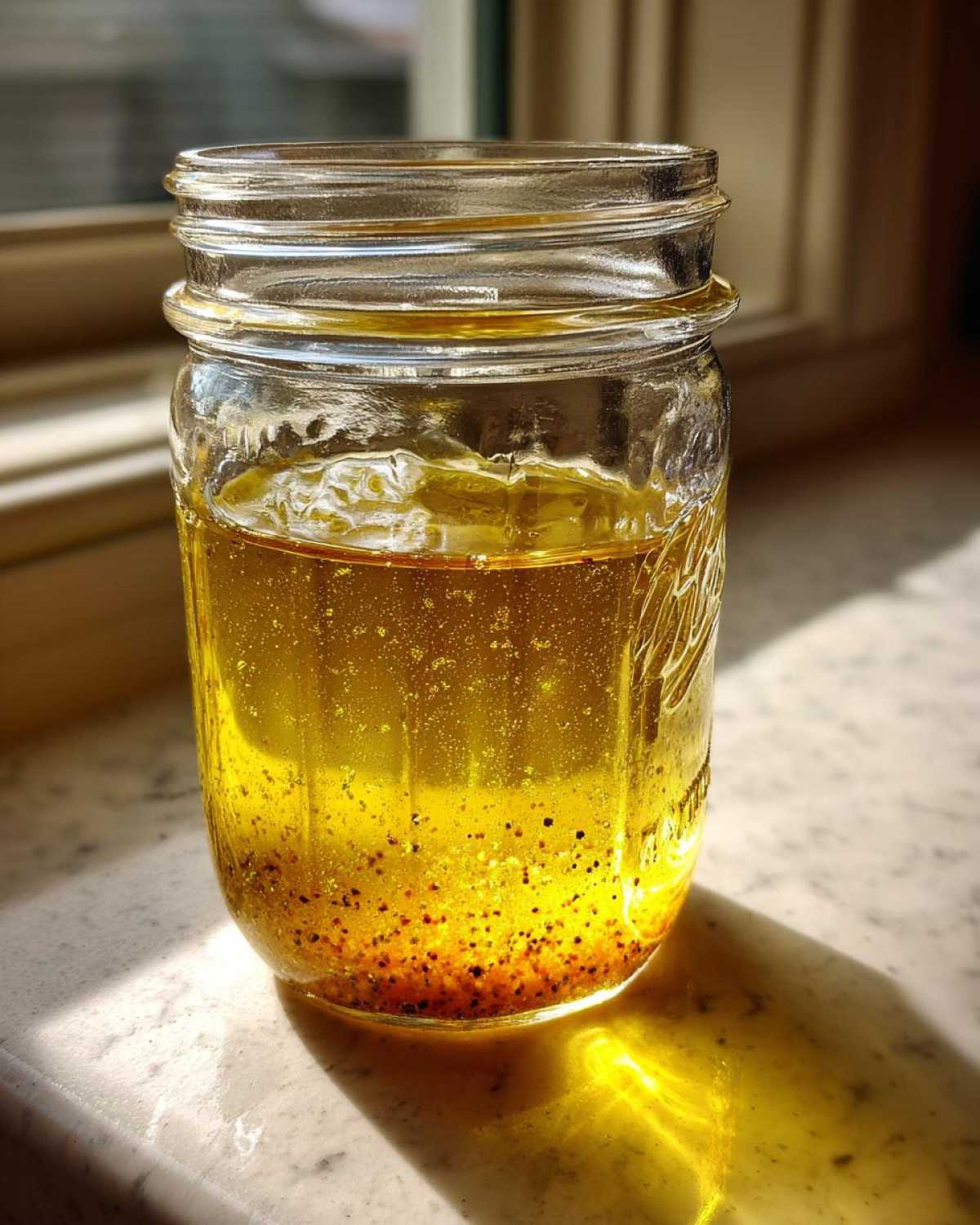 A glass mason jar containing separated homemade salad dressing with oil floating above settled spices.