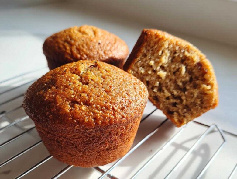 Three golden brown honey bran muffins cooling on a wire rack, one is cut in half showing the moist interior.