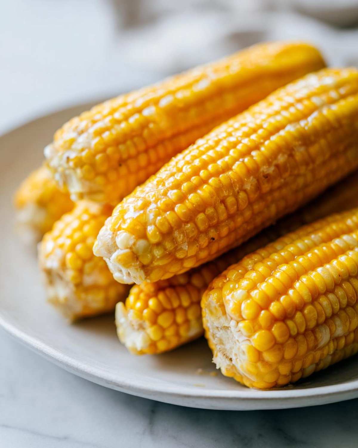 A close-up shot of several bright yellow ears of honey butter corn stacked on a light gray plate.