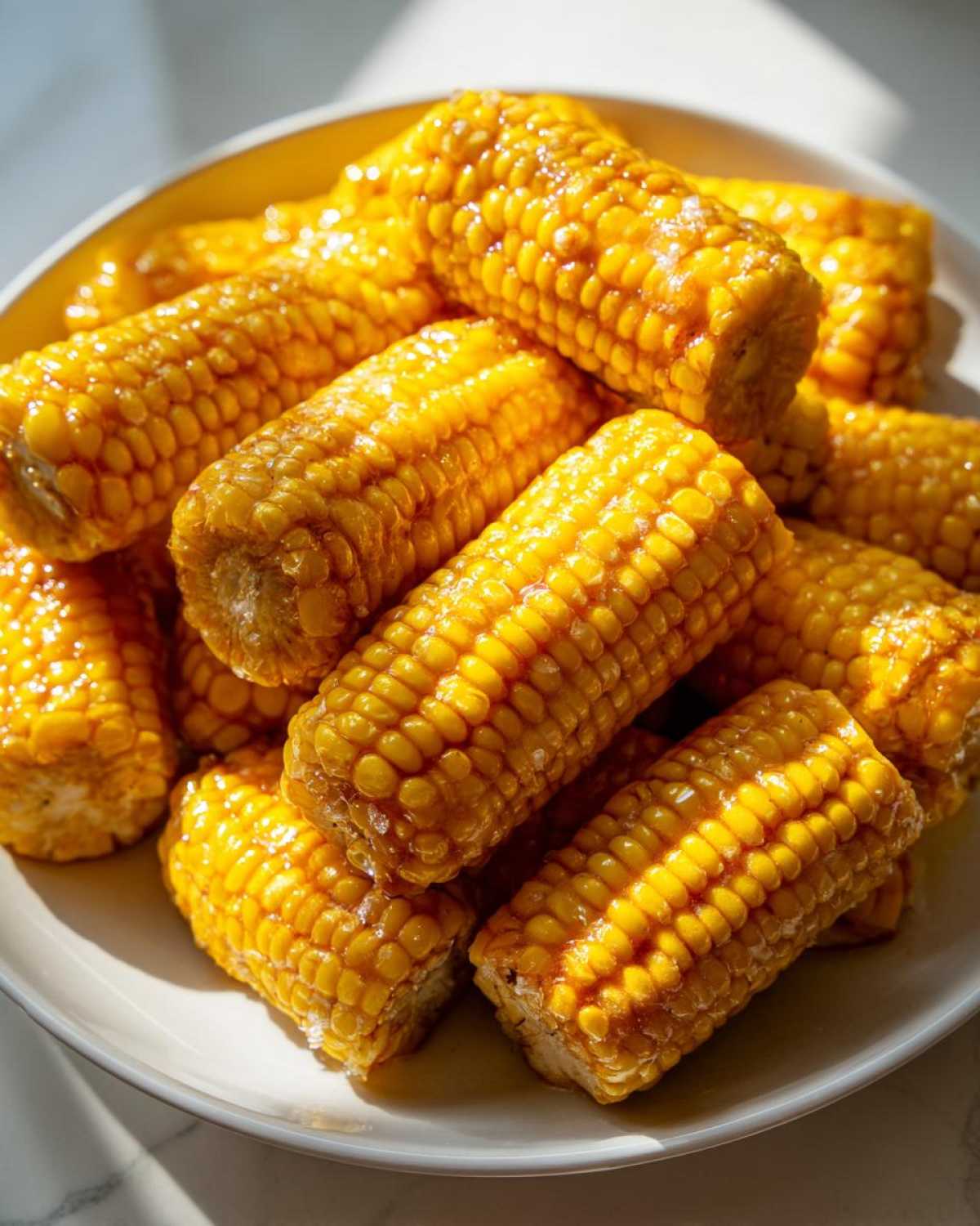 Close-up of several glazed ears of honey butter corn piled on a white plate.