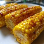 Three pieces of glistening, glazed corn on the cob coated in honey butter and spices.