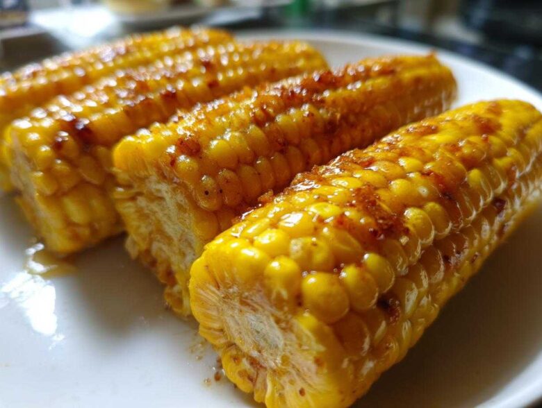 Three pieces of glistening, glazed corn on the cob coated in honey butter and spices.