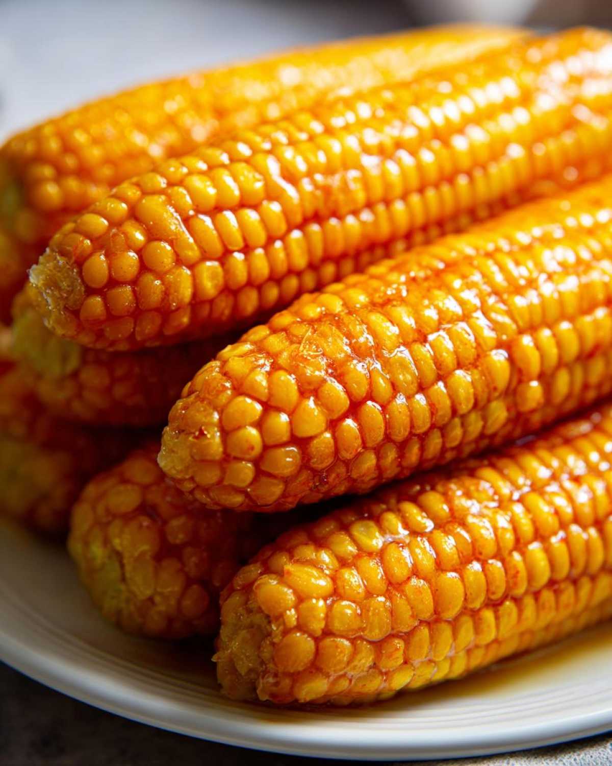Close-up of several ears of glistening, golden honey butter corn stacked on a white plate.